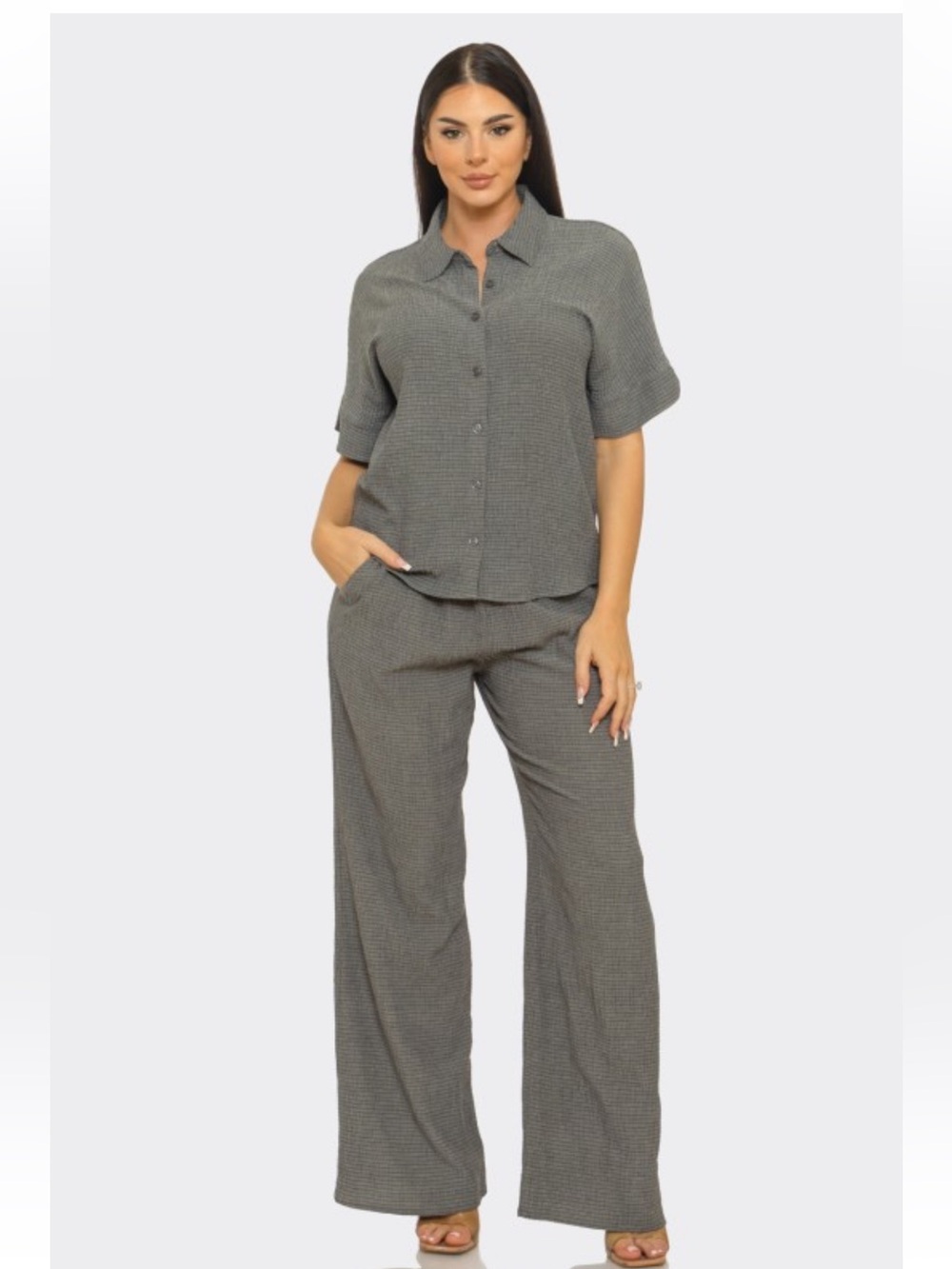Gray Button-Front Two-Piece Lounge Set